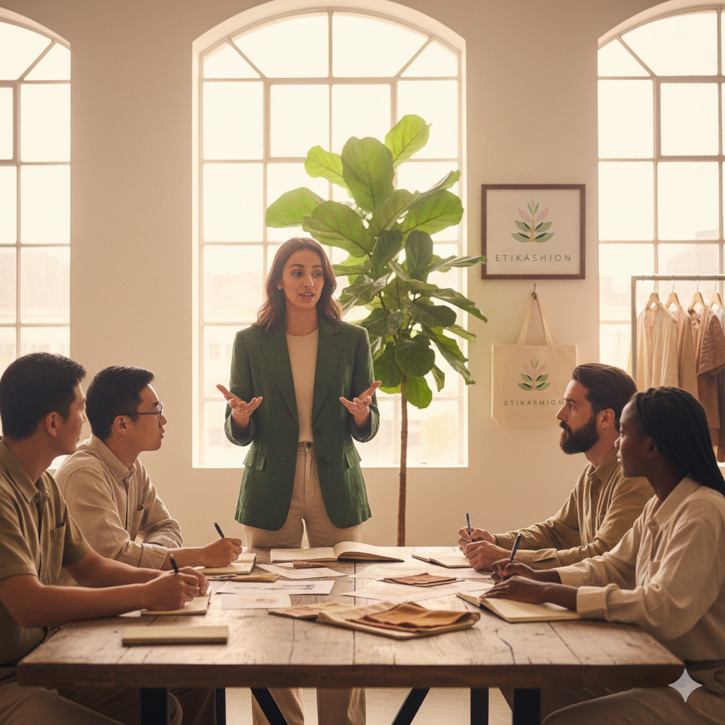 Elodie Dubois fondatrice et ses collègues, vêtus de tenues professionnelles et élégantes de la marque ETIKASHION, sont assis autour d'une table dans un atelier lumineux. Ils examinent des échantillons de tissus et des croquis pour discuter de la nouvelle collection.