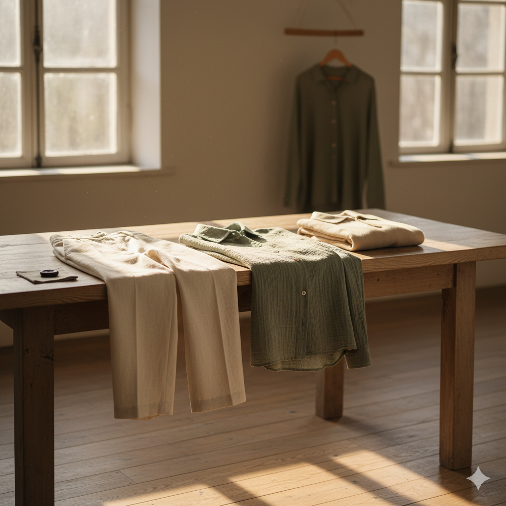 vêtements éthiques et responsables posés sur une table de l'atelier