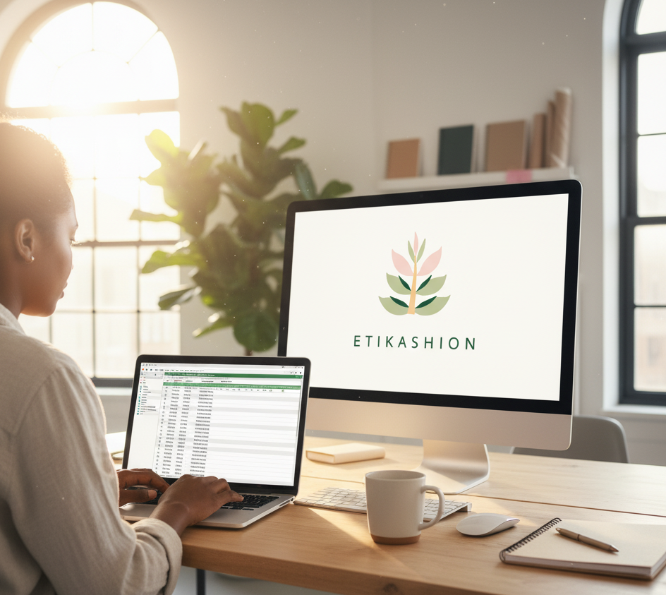Personne de dos, travaillant à son bureau sur un ordinateur portable affichant un tableur, avec un écran d'ordinateur à droite montrant le logo ETIKASHION en fond d'écran.