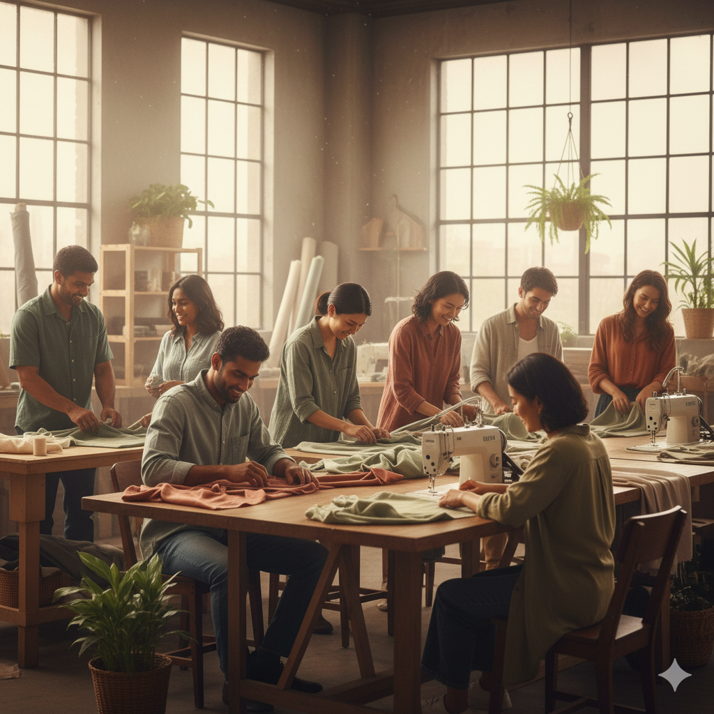 salariés confectionnant les vêtements éthiques dans l'atelier